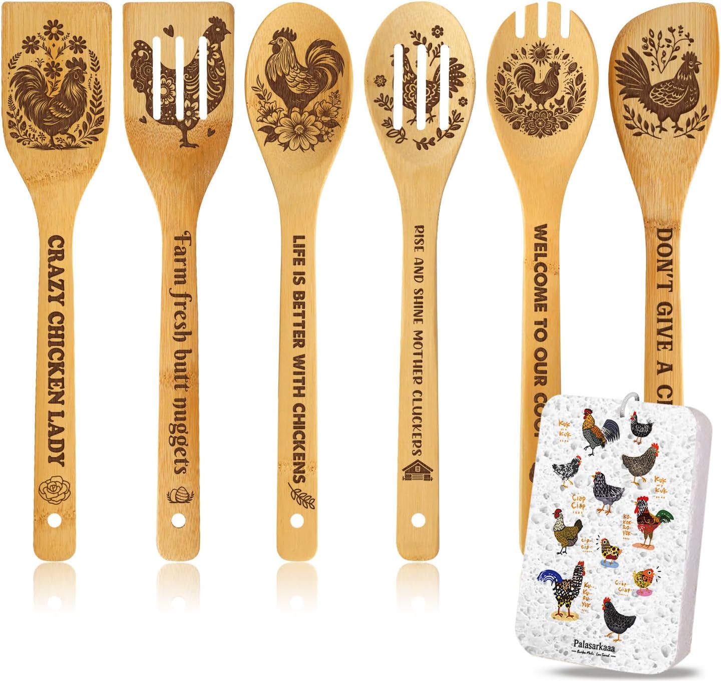 Pumpkin Chicken Engraved Bamboo Cooking Spoons Set with Compressed Kitchen Sponge Gifts for Women New Homeowners Brides Thanksgiving, Fall Decor Gifts for Kitchen Decor