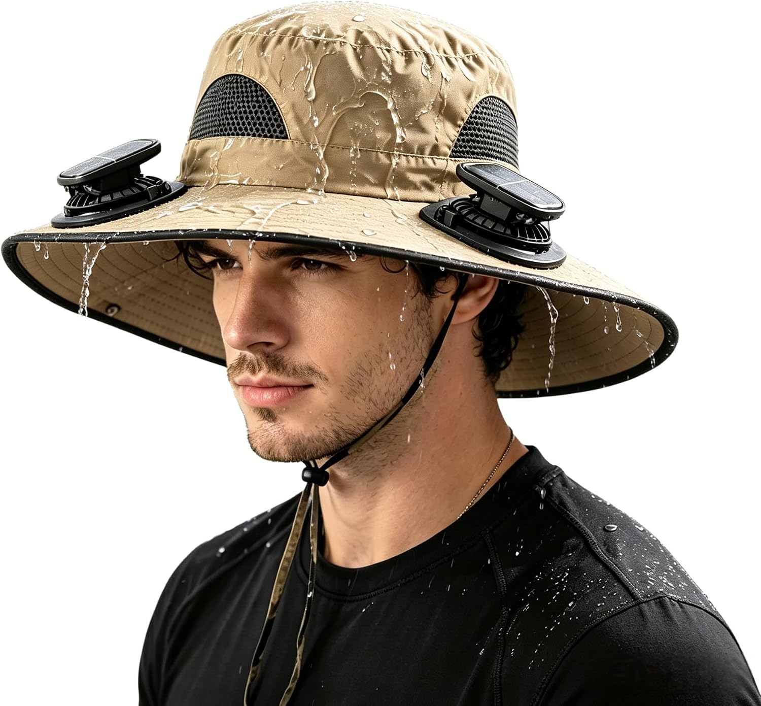Cooling Hat with 2 Solar Fan Wide Brim Fishing Bucket Hat for Men Women Water-Resistant UPF 50+ for Fishing Hiking