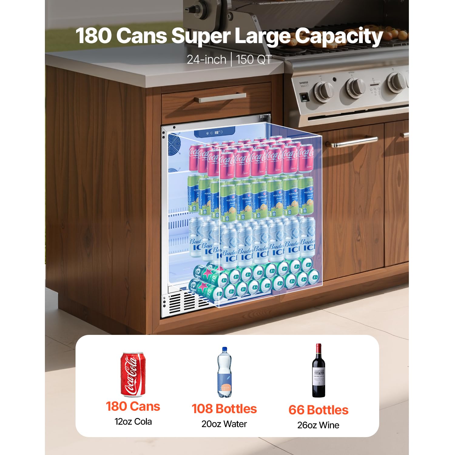 Happybuy 24-Inch Beverage Cooler – 150 Qt Freestanding/Undercounter Fridge, Holds 180 Cans, Stainless Steel Design For Home Bars & Commercial Use on Fridge.com - View 2