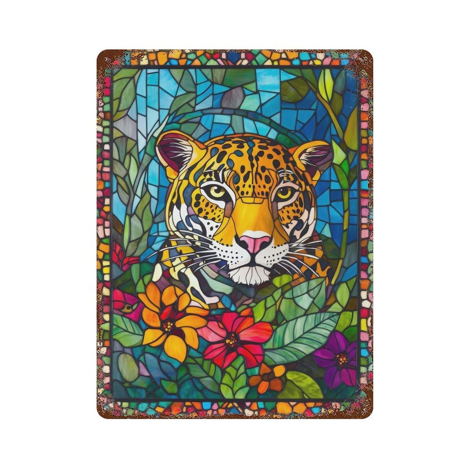 Garage Style Stained Glass Jaguar Aged Metal Wall Plaque 15.7"x11.8", Farmhouse Wall Decor for Bar And Workshop