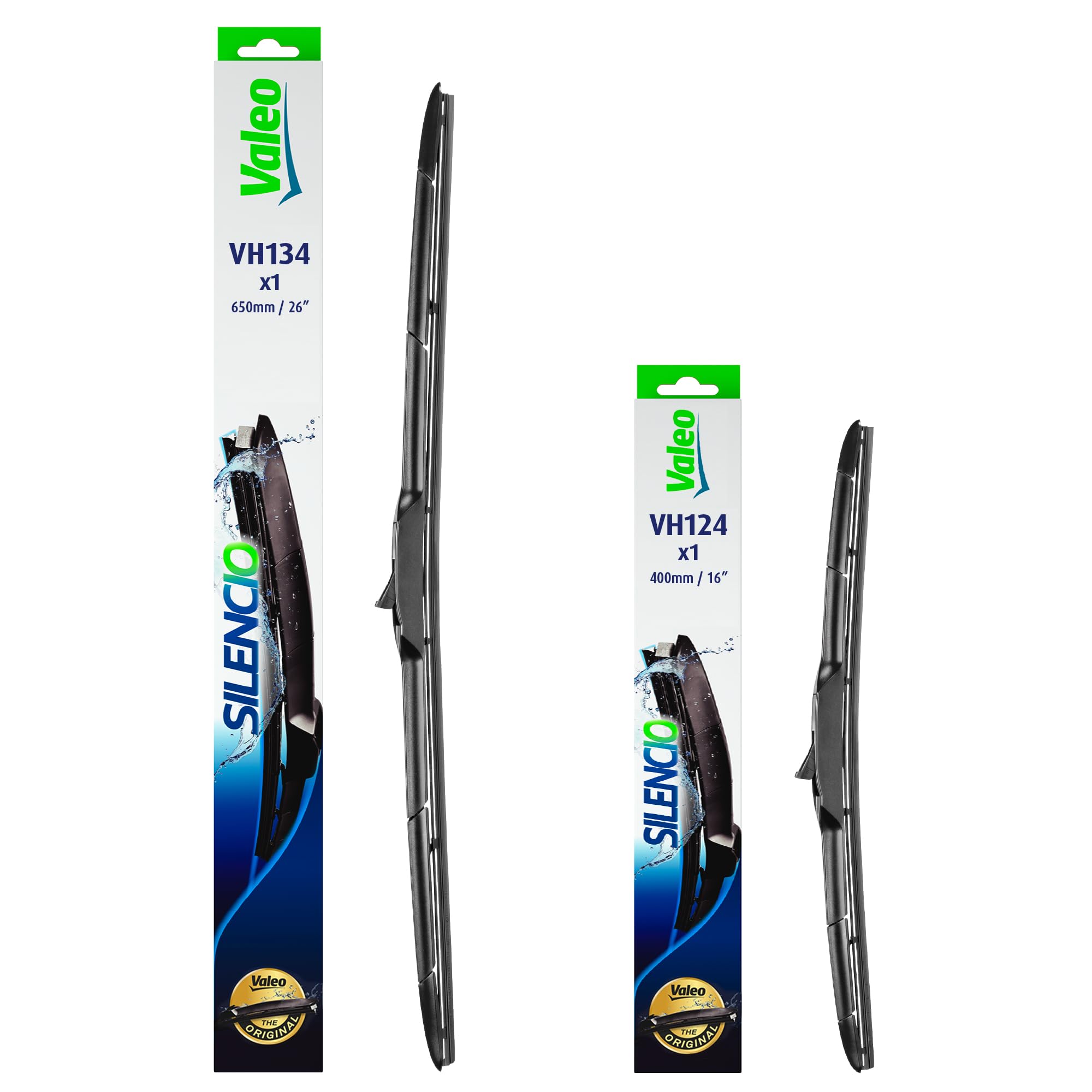 VALEO Silencio - Coppia di Spazzole Tergicristallo Premium Ibride per la Sostituzione del Ricambio Originale per Tutte le Stagioni VH134 + VH124 - Anteriore, Lunghezze: 650mm + 400mm - 574734 + 574724
