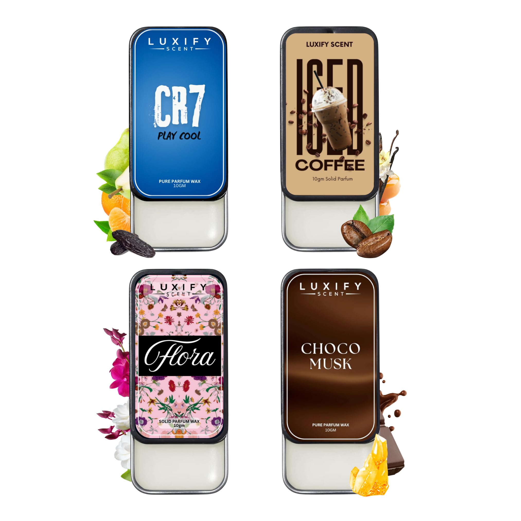 LUXIFY SCENT Solid Perfume Combo of 4 | Flora, Cr7, Coffee & Choco Musk | Non Greasy Wax Perfume | Alchohol Free | Long Lasting Fragrance | 10gm each-image-37