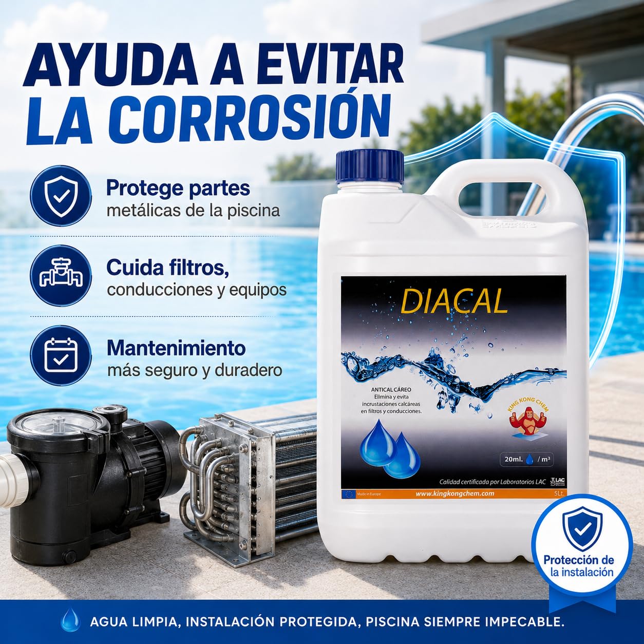 DIACAL 5 LITROS Anticalcáreo y Anti-Incrustante Filtros y Conducciones Piscinas 5 litros - Previene Corrosión - Evita y Elimina Incrustaciones Calcáreas