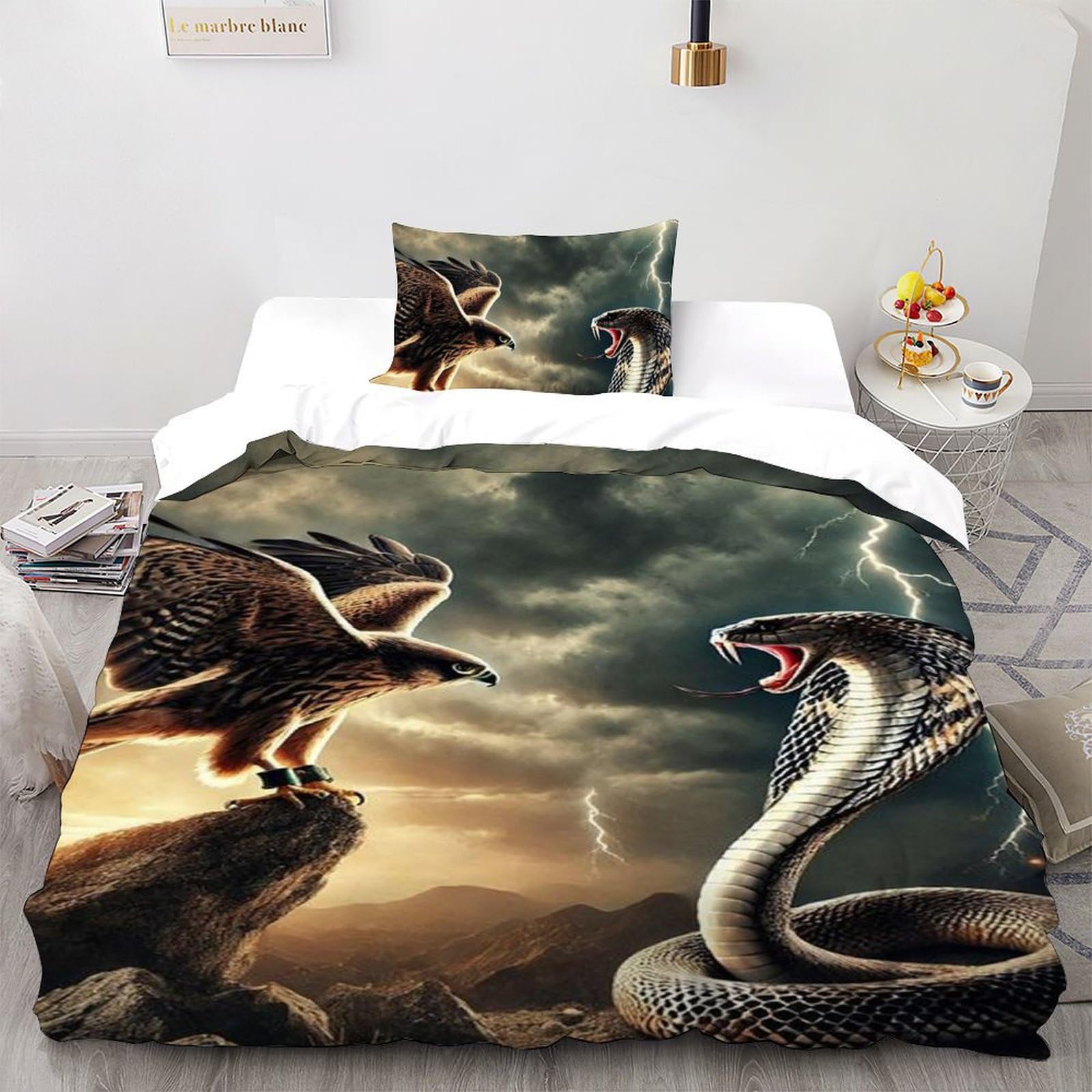 Housse de couette animaux imprimé 3D aigle et serpent en microfibre pour lit simple filles