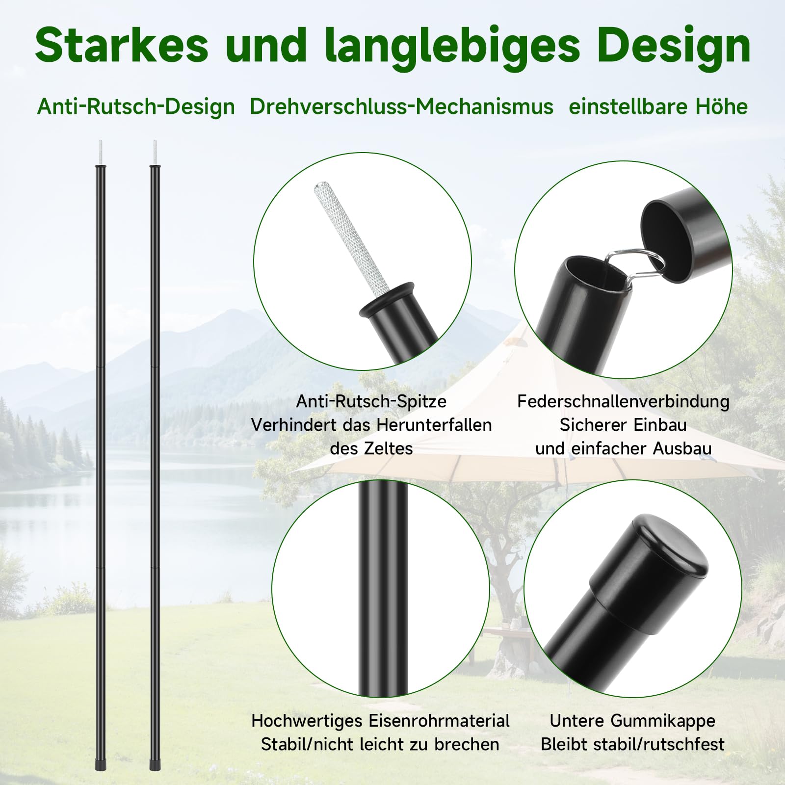 KOMCLUB Tente télescopique 42-195 cm | Bâtons de camping réglables pour bâche et voile d'ombrage, sac de transport inclus