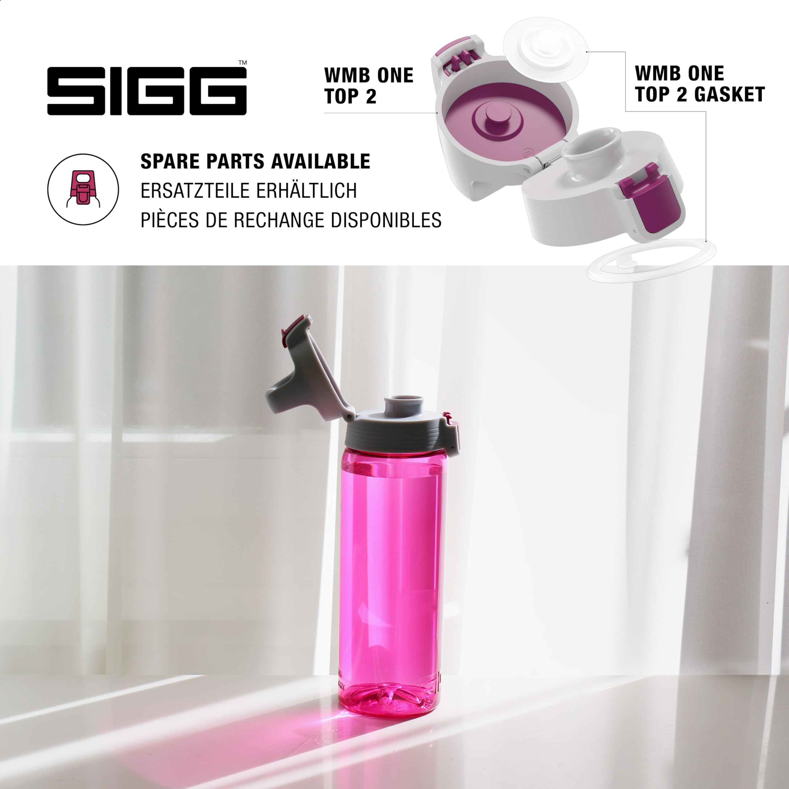 SIGG - Butelka na napoje Tritan – Total Color ONE Keep Smiling – nadaje się do napojów gazowanych – nadaje się do mycia w zmywarce – szczelna – lekka, nie zawiera BPA, kolor różowy, 0,6 l