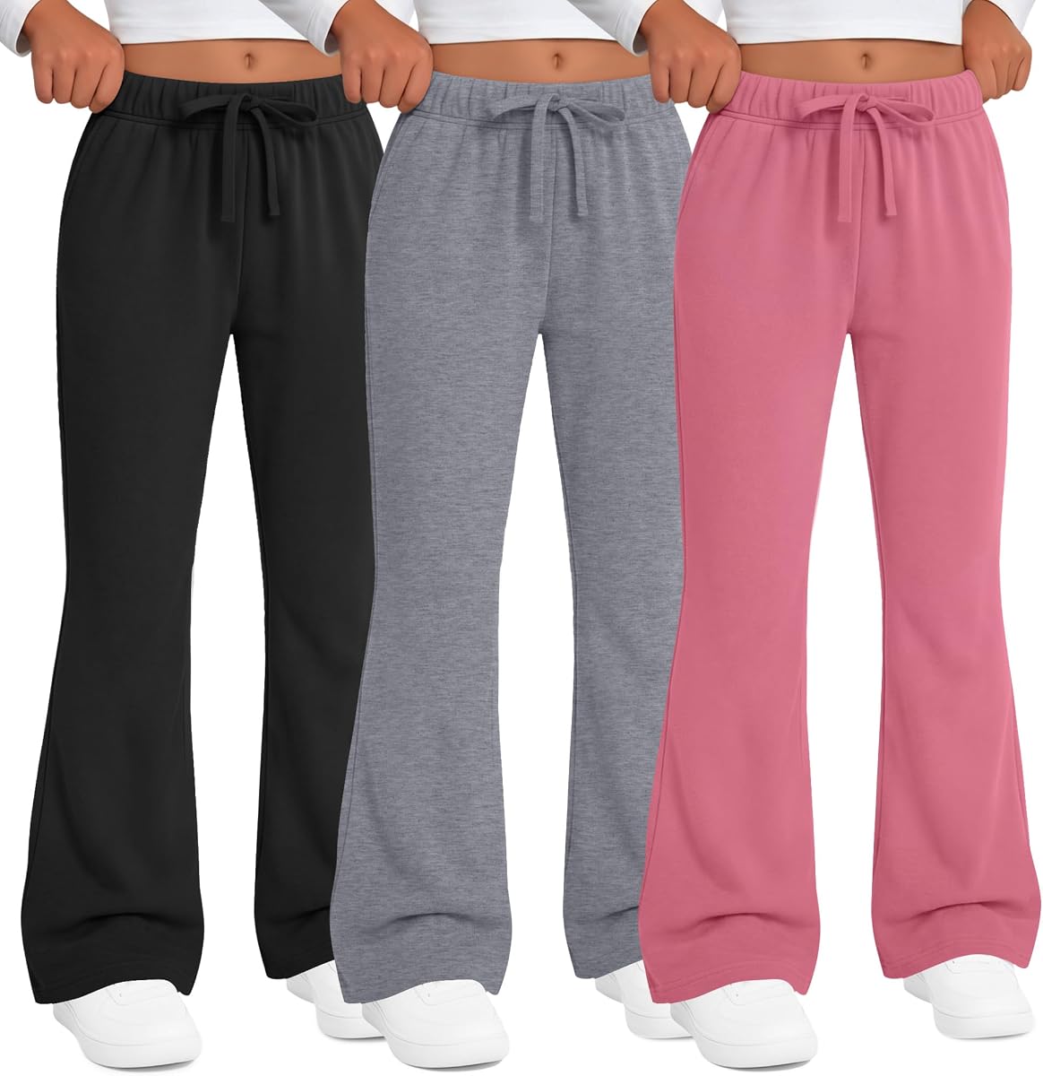 3 Pack Girls Flare Legging Bootcut Sweatpants 5-14y | Kids Uniform Pants, Yoga Pants, Teen Bell Bottoms, Back to School Outfits, Comfy Joggers with Pockets, Drawstring Trousers