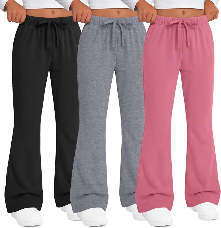 3 Pack Girls Flare Legging Bootcut Sweatpants 5-14y | Kids Uniform Pants, Yoga Pants, Teen Bell Bottoms, Back to School Outfits, Comfy Joggers with Pockets, Drawstring Trousers