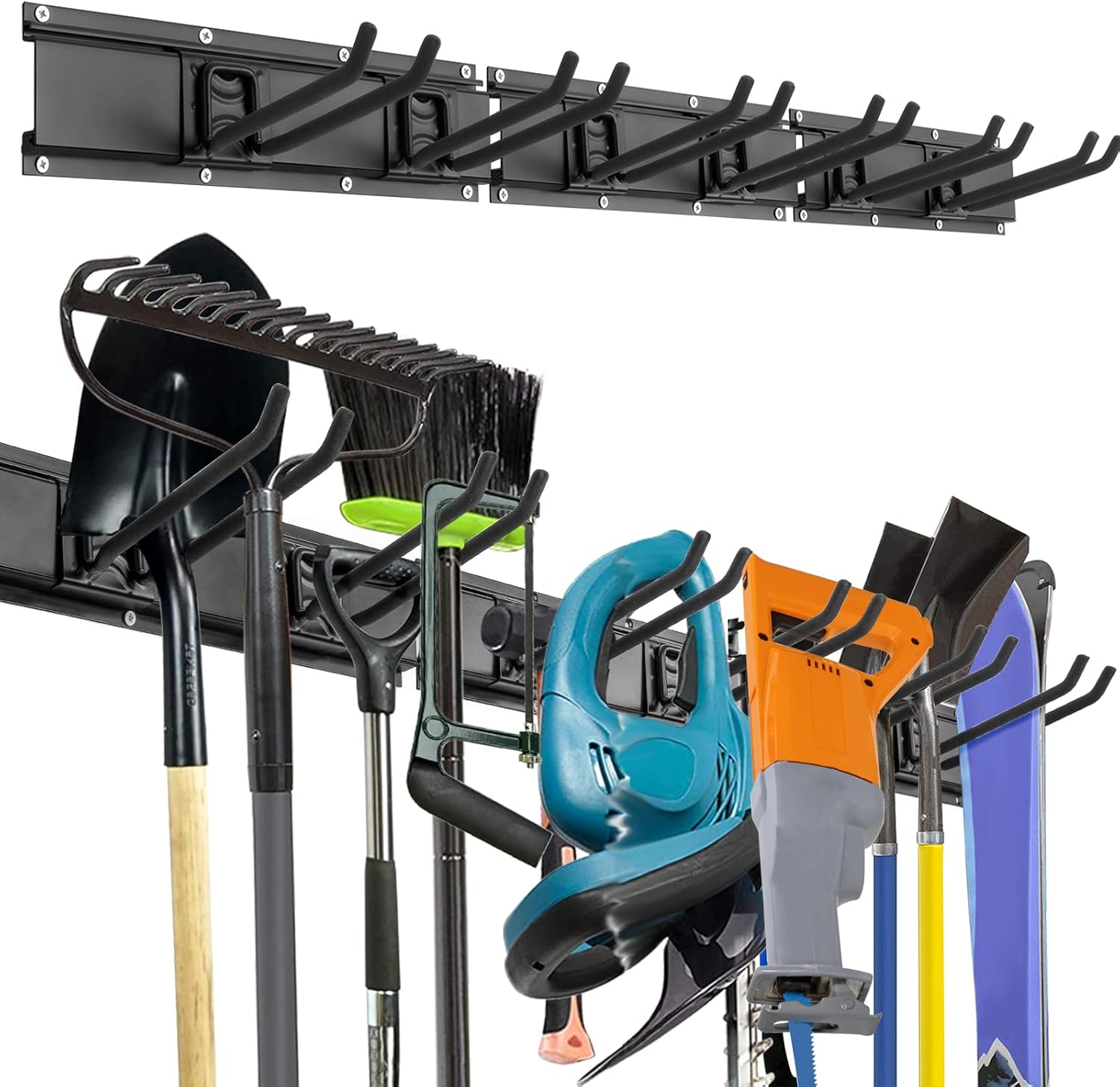 Garage Tool Storage Rack Wall Mount, Garage Organizer Storage System with 6 Adjustable Hooks Heavy Duty Steel Tool Holder Garden Tool Hanger Rack for Chair, Broom, Mop, Rake Shovel Yard Tools