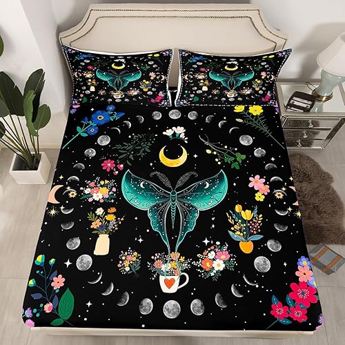 Miniatura 10 de Erosebridal Juego de sábanas de mariposa hippie con sol y luna, juego de sábanas tamaño Queen, juego de sábanas florales groovy con hongos y