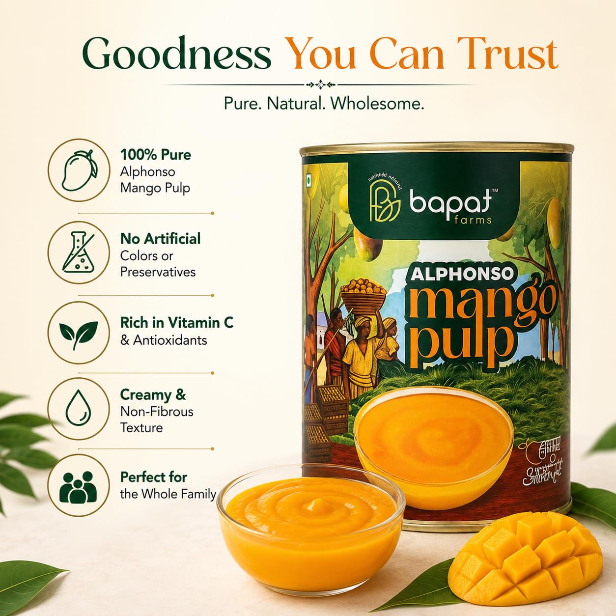 Bapat Farms Pure Alphonso Mango Pulp (Hapus), Authentic Konkan Origin, Rich & Creamy Aamras, Sweetened, 450g Tin