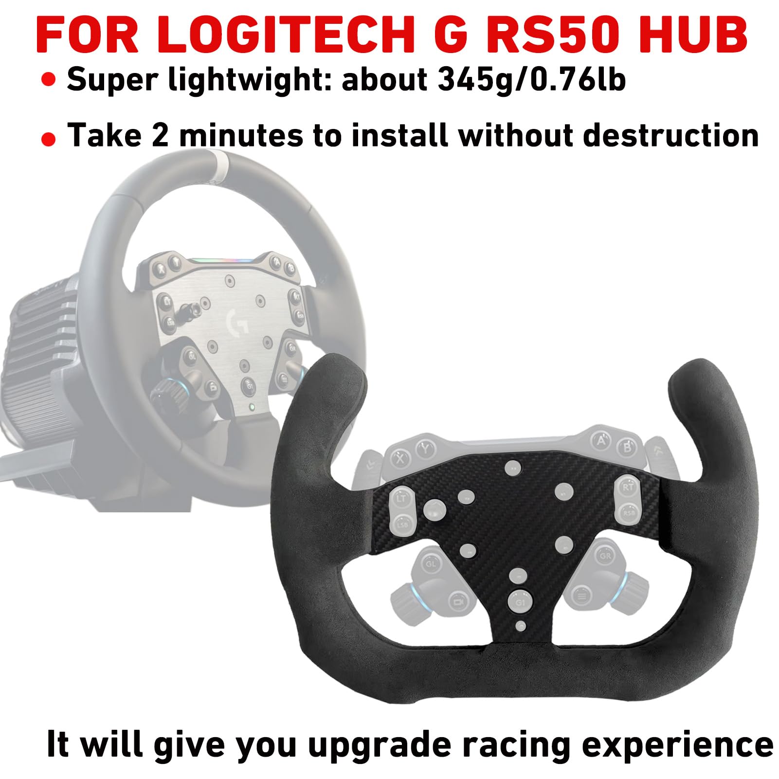 Benshuuk 12 Inch Motorsport Real Carbon Fiber Suede Steering Wheel for Logitech G RS50 System Pro SIM Racing Xbox PS4 PS5 PC