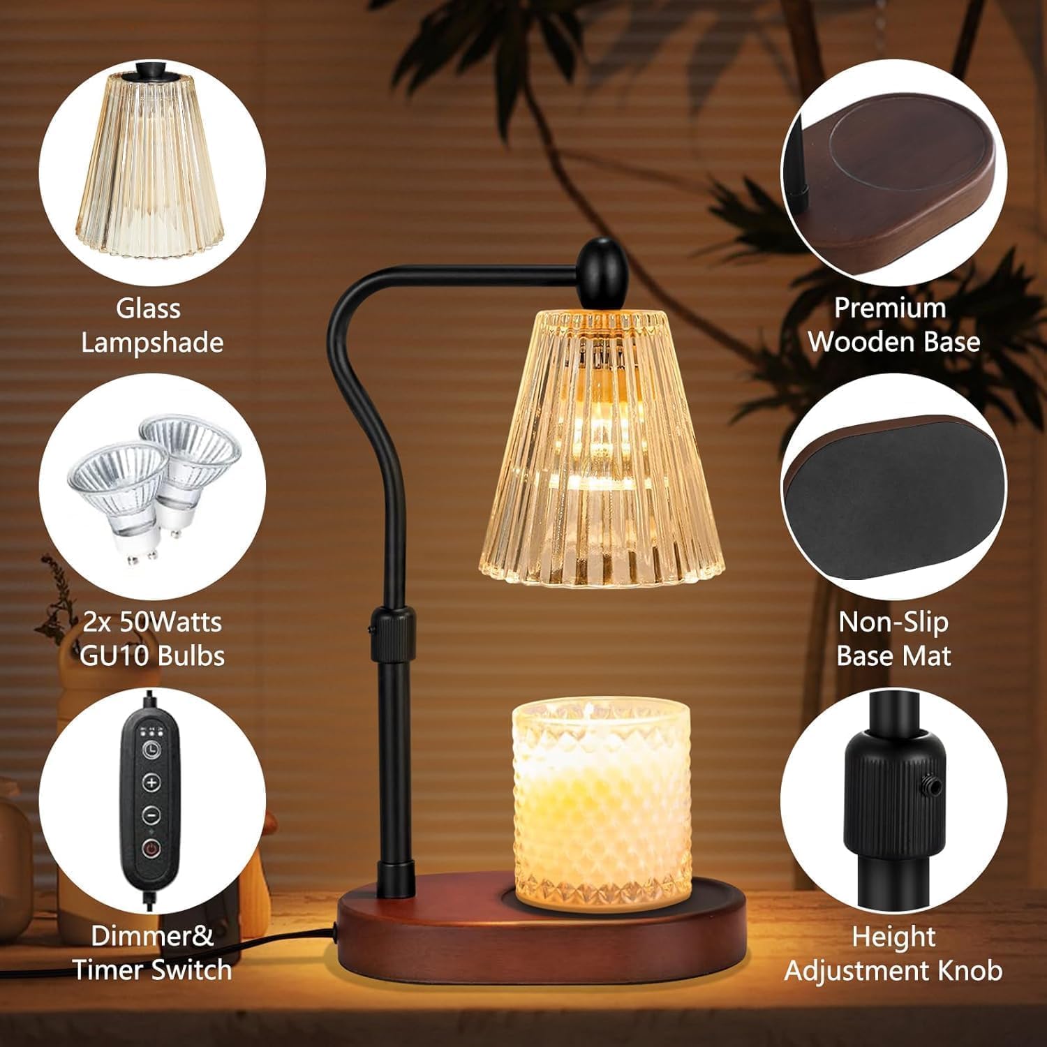 Loowoko Lampe Chauffe Bougie, Chauffage Bougie avec Minuterie et Variateur,Réglable en Hauteur,avec 2 Ampoules,Candle Warmer Lamp pour Bougies Parfumées en Verre, Maison, Chambre, Décoration