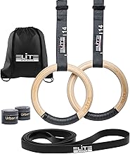 Wood Gymnastic Rings 32mm and 28mm Grip with Adjustable Numbered Straps + Grip Tape + Pull Up Resistance Bands + Drawstring Carry Bag