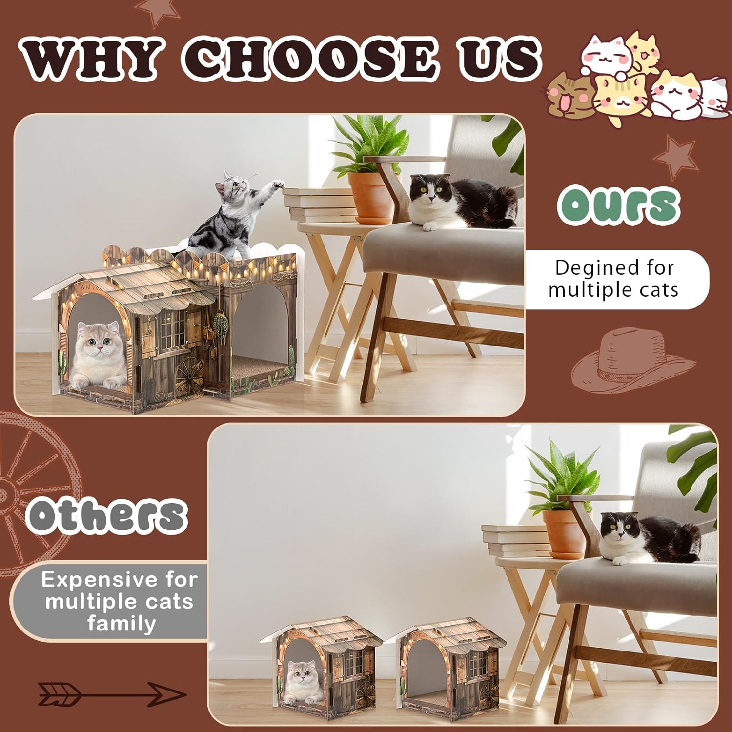 Lineshading 2 Story Cardboard Cat House with Scratcher Pad, Multi Level Durable Cat Scratcher House for Small Kitten Bunny Rabbit Animals Christmas Birthday Gift(17x12x10,Western)