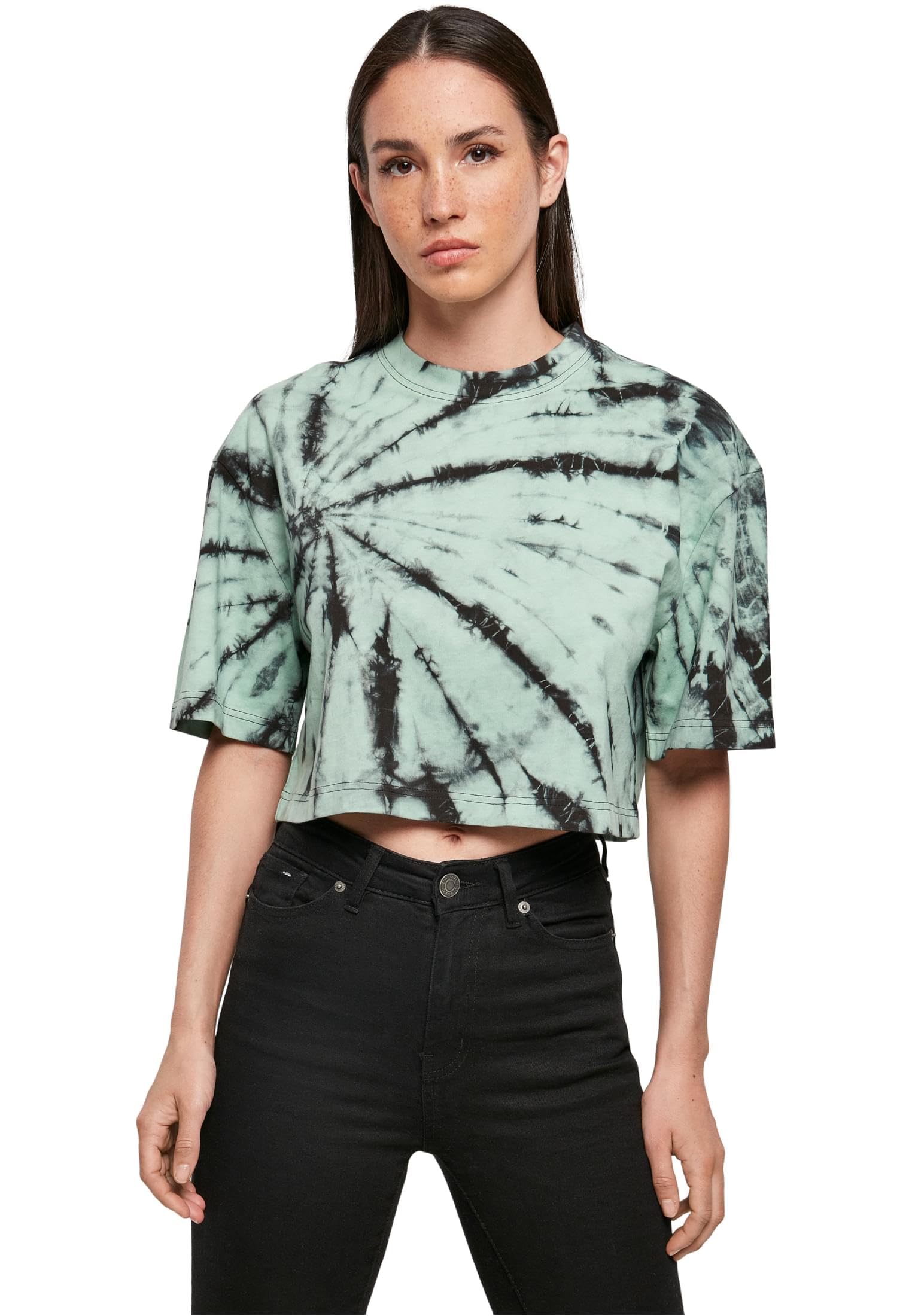 Urban Classics Women's Ladies Oversized Cropped Tie Dye Tee T-Shirt, Black/ghostgreen, 4XL