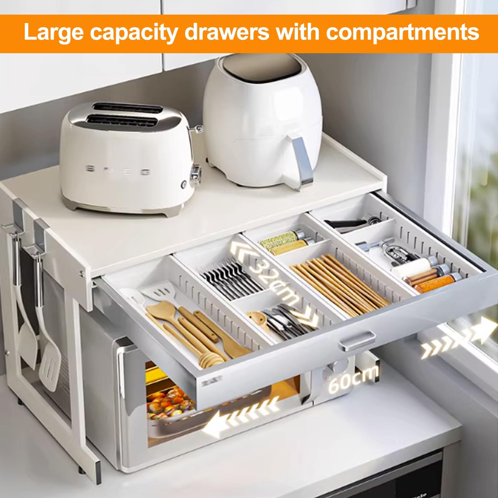 3 Livelli Mensola Microonde, Scaffale Per Microonde con Cassetto, Supporto Per Microonde con Spazio Contenitore Per Ingresso E Soggiorno(Off-white+Gray,L52cm/20.4'')