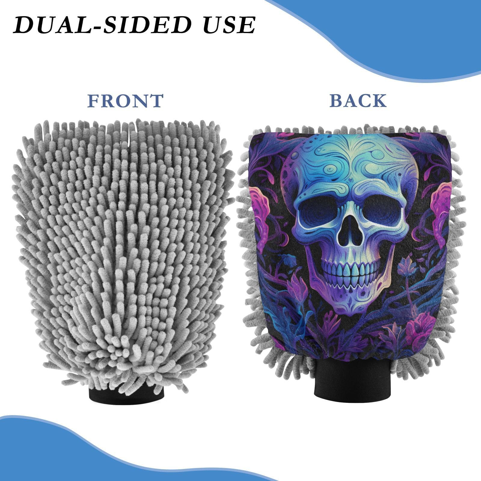 IOACIY Absorbent Microfiber Car Wash Drying Mitts, 2 Pack, Scratch-Free & Lint-Free, Rich Foam, Highly Absorbent, Double Sided, Wash Mitt Perfect for Car Washing, L, Cute Skull (8)