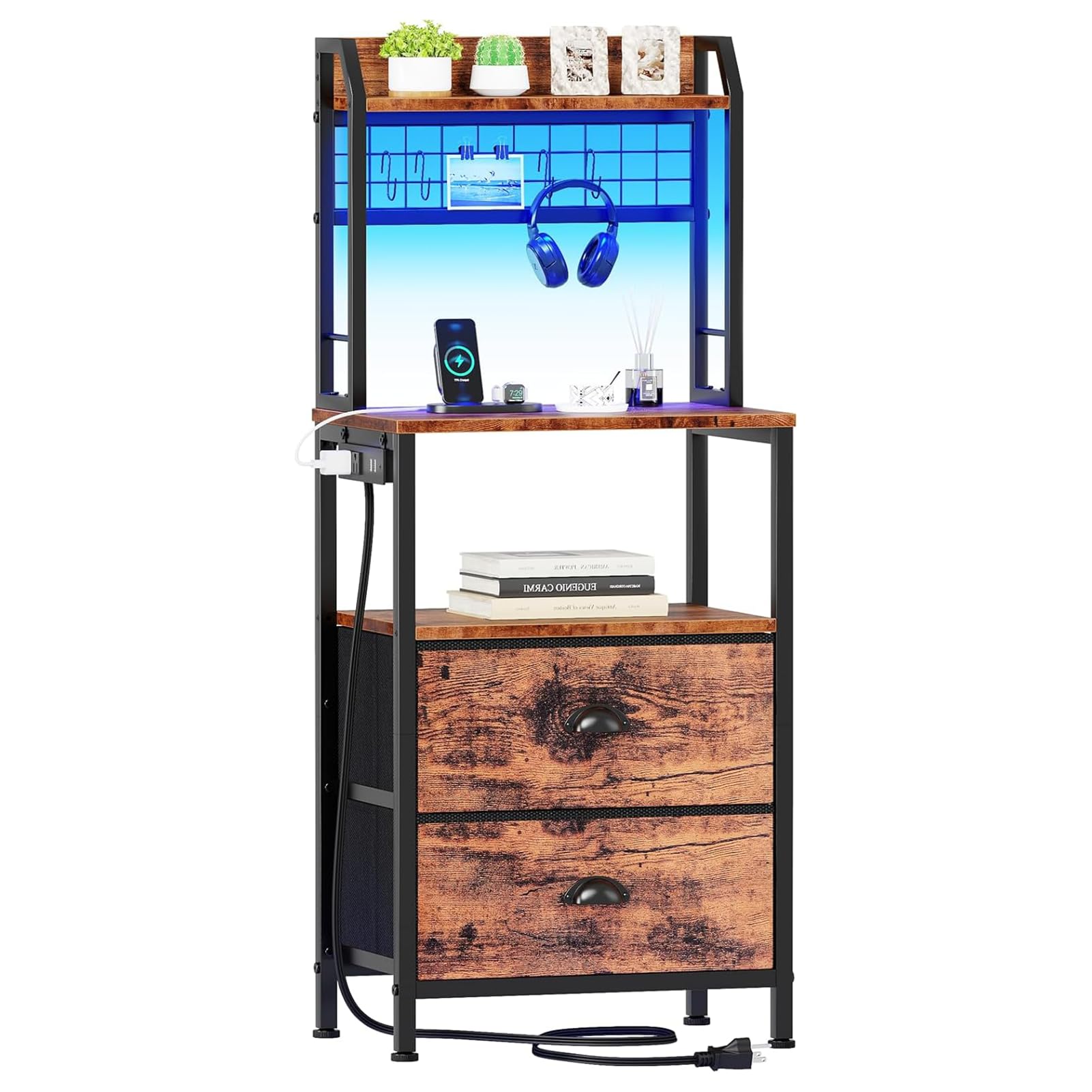 Furologee 40'' Tall Nightstand with Charging Station, Bedside Table with LED Lights, End Table with 2 Drawers and Storage Shelves, Night Stand with