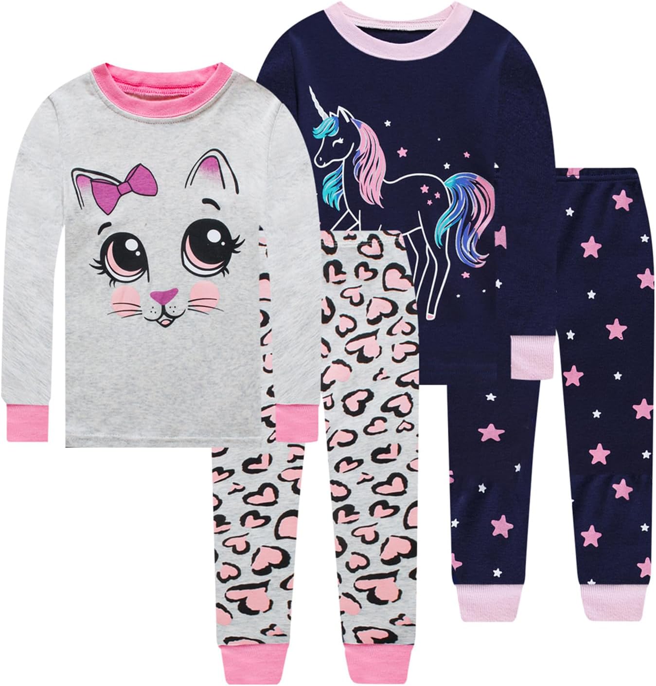 Little bety 4Pieces Girls Pajamas Cotton Long Sleeve Pajamas Toddler Girls Pjs Kids Sleepwear Sets Multipack