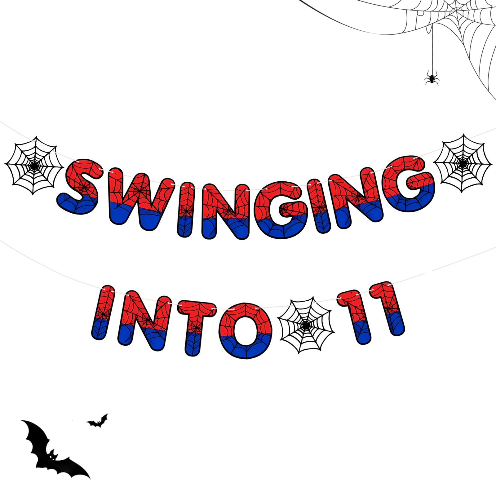 Swinging Into 11 Banner – Spider Web Superhero Birthday Party Decorations for Boys, Pre-Strung Glitter Banner, Red Blue Black Comic Hero Party Supplies, Durable Cardstock Garland (11th)