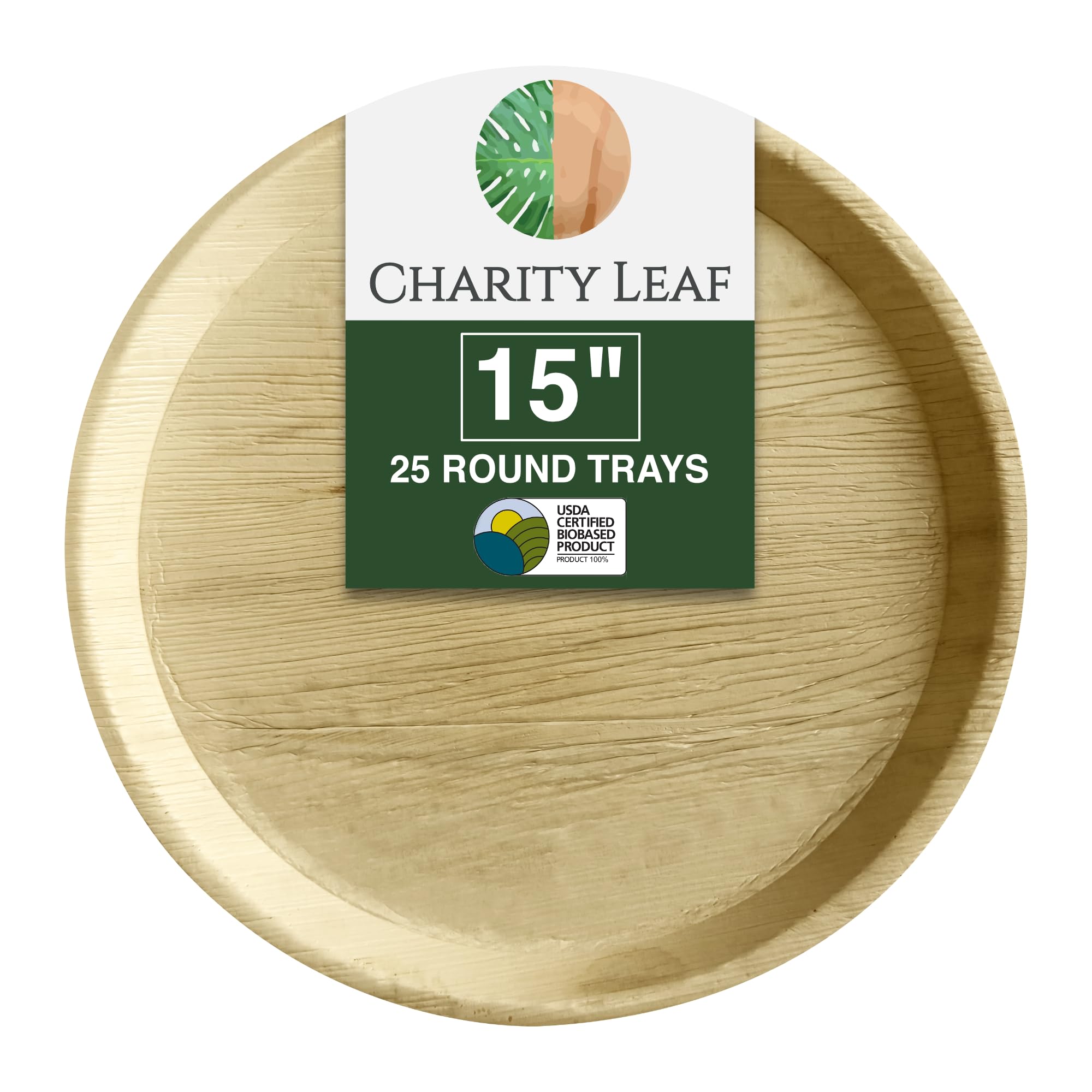 Bandejas redondas desechables de hoja de palma de 15 pulgadas (25 piezas) de bambú, tablas desechables, vajilla ecológica para bodas, catering, eventos