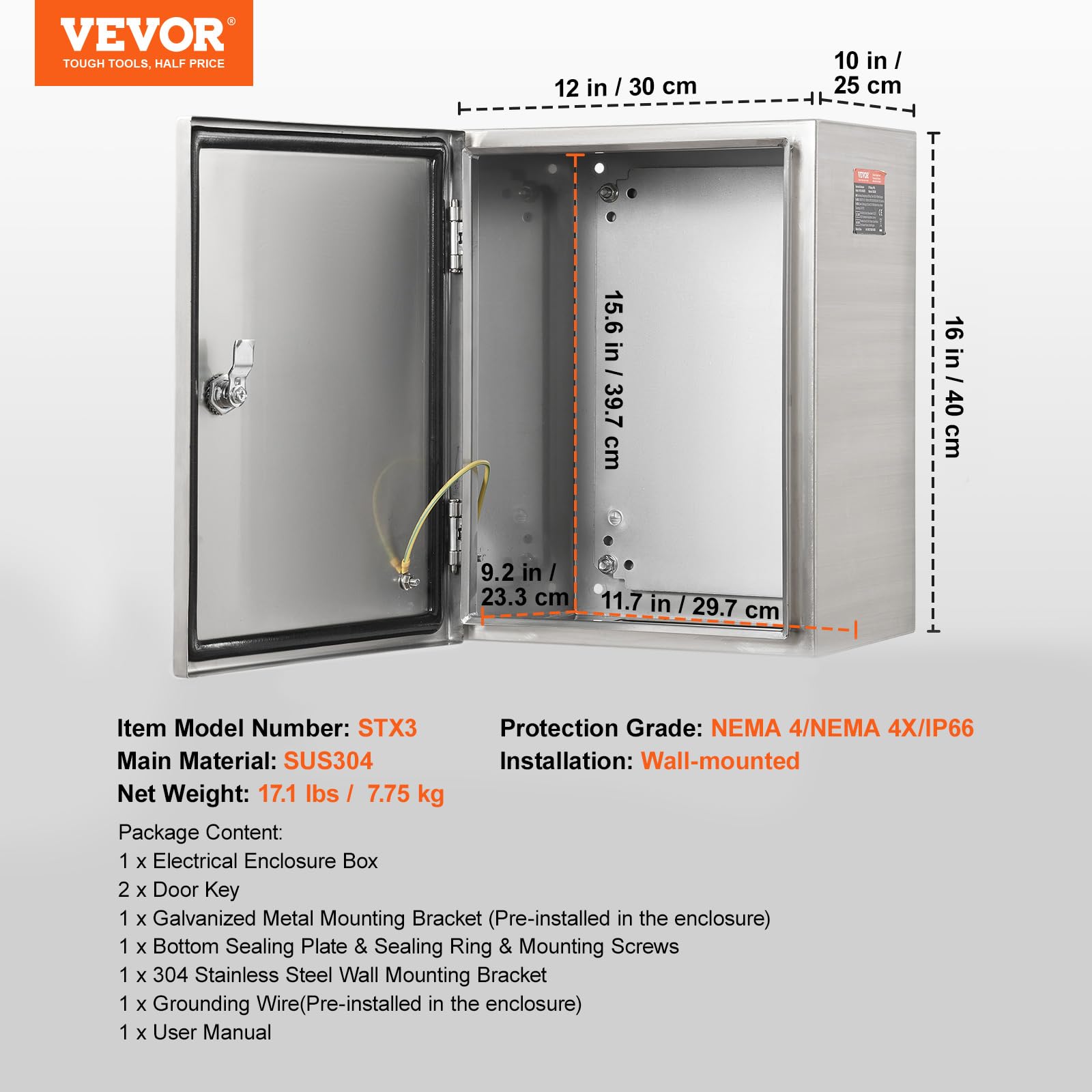 VEVOR Schaltschrank, 40 x 30 x 25 cm, Elektrogehäuse aus Edelstahl 304, wandmontiertes Gehäuse für elektrische und elektronische Geräte für den Außenbereich, IP66 wasserdicht
