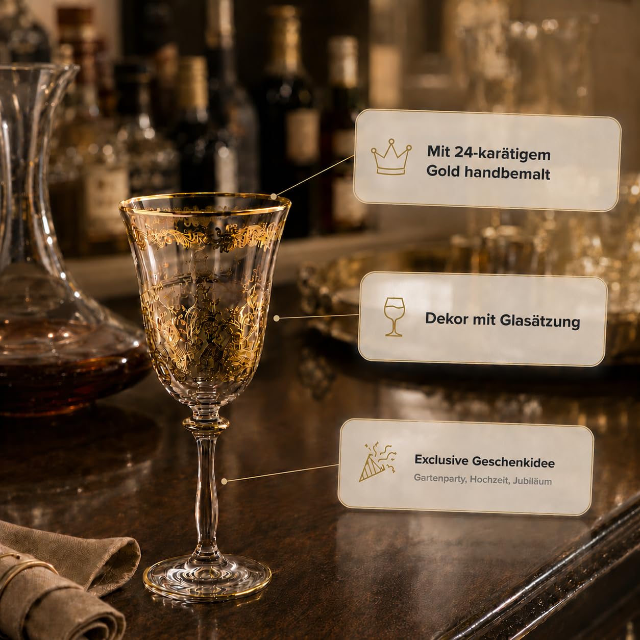 Weingläser, 2er weinglas set aus Kristallglas mit 24 Karat Goldrand, Handbemalt, Luxuriös Geschenk, 250ml, Kollektion Melody
