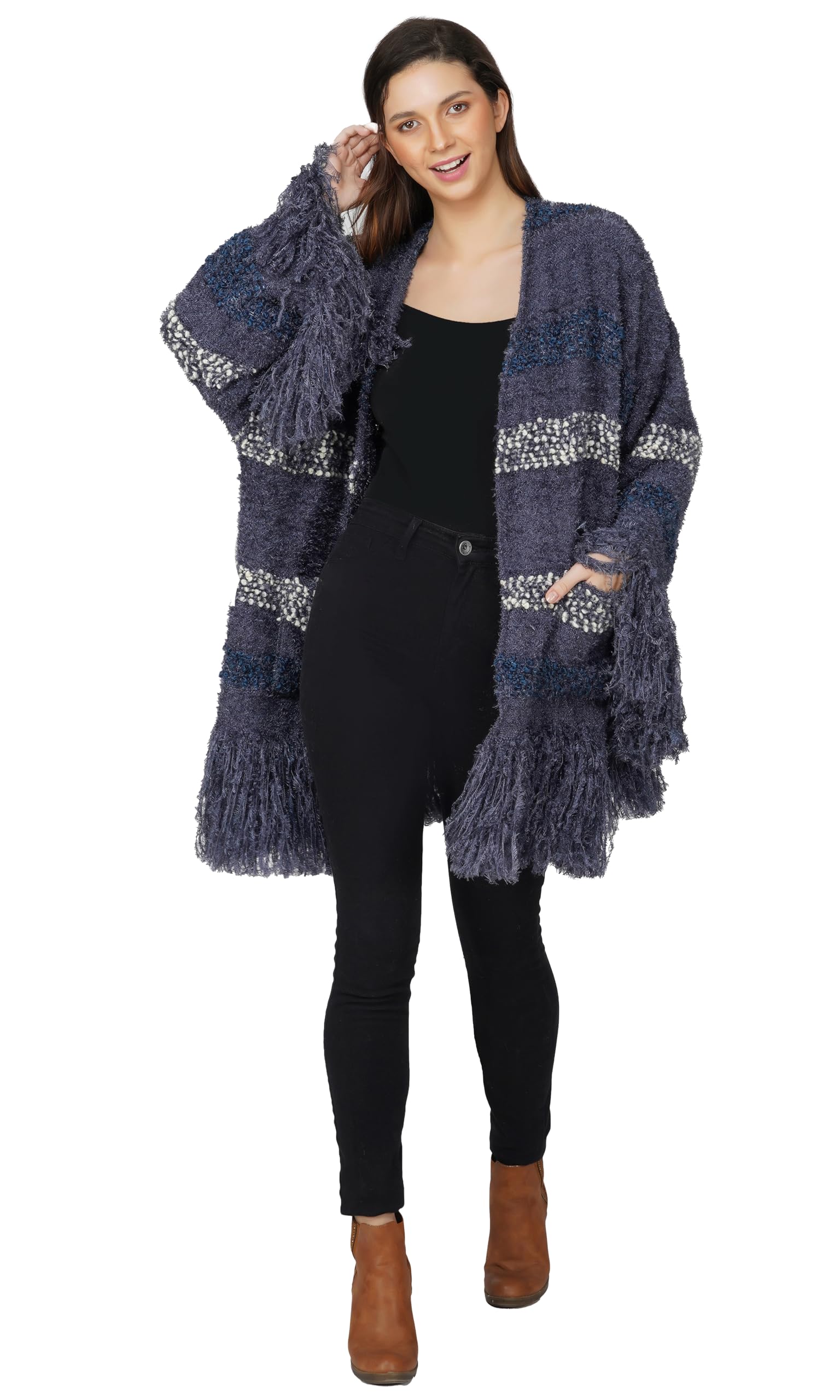 Women's Casual Poncho | Open Front Loose Drape Cardigan | Olive Green Knitted Sweater | Winter Cape for Women (M/L)-image-3
