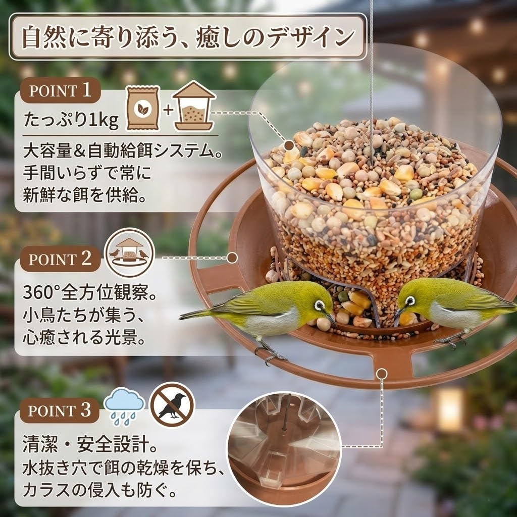 Amazon | NGE バードフィーダー 鳥と心を繋ぐ 屋根付き 自動給餌 大