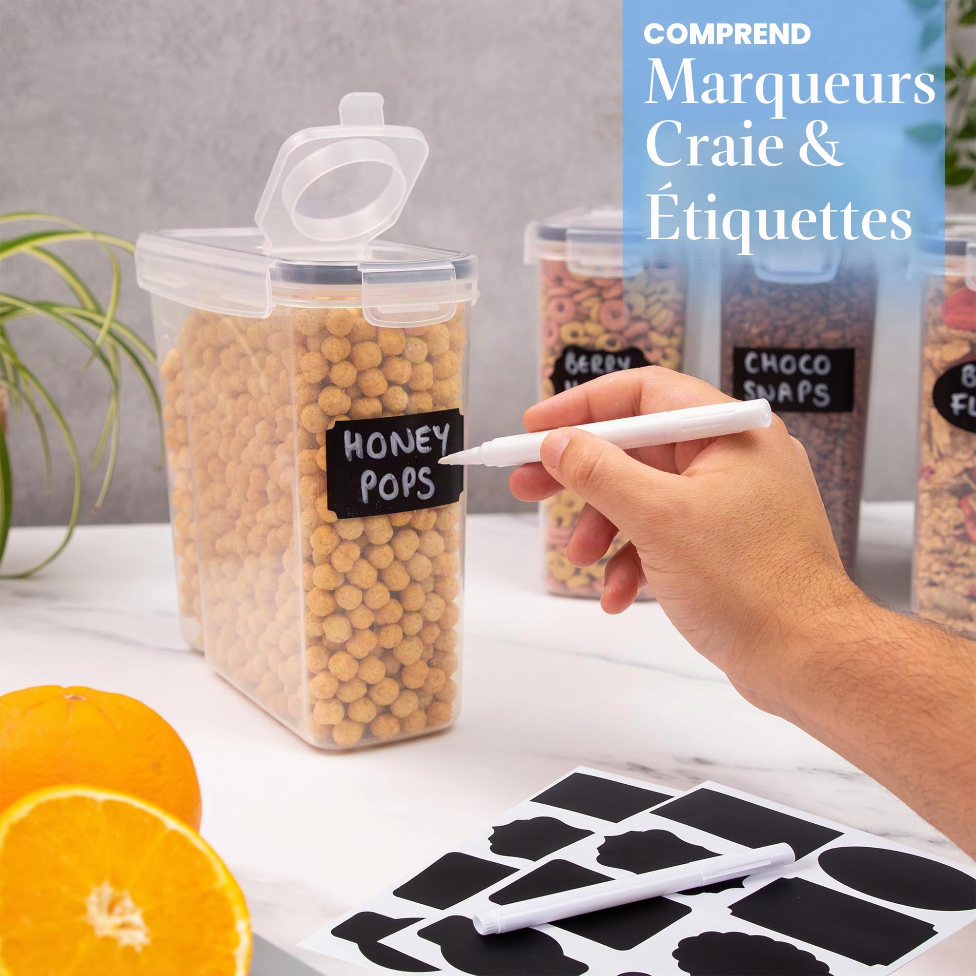 nuovva Lot de 4 boîtes de conservation en plastique pour céréales - Distributeur de céréales pratique - Qualité alimentaire et sans BPA - Durable et facile à utiliser - Idéal pour les cornflakes