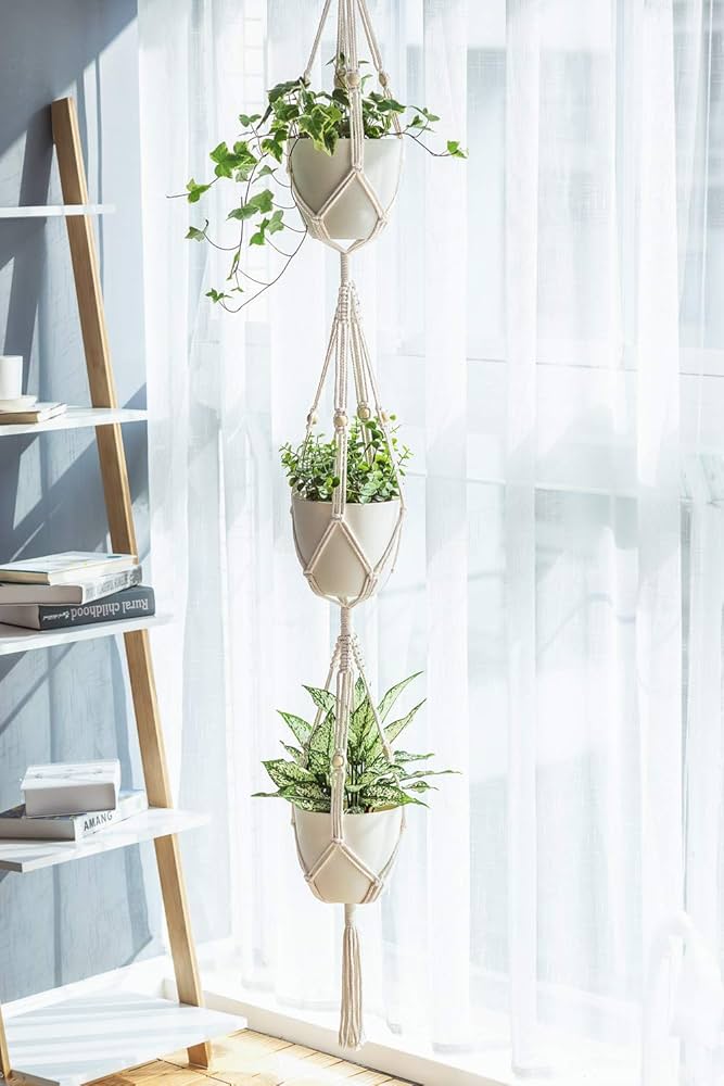 Mkouo Set Of 3 Macrame Hanging Baskets, Plant Hangers, Indoor Plant Basket, Hanging Flower Pot Holder, Cotton Rope With Beads Without Tassels, 73 Cm/89 Cm/109 Cm