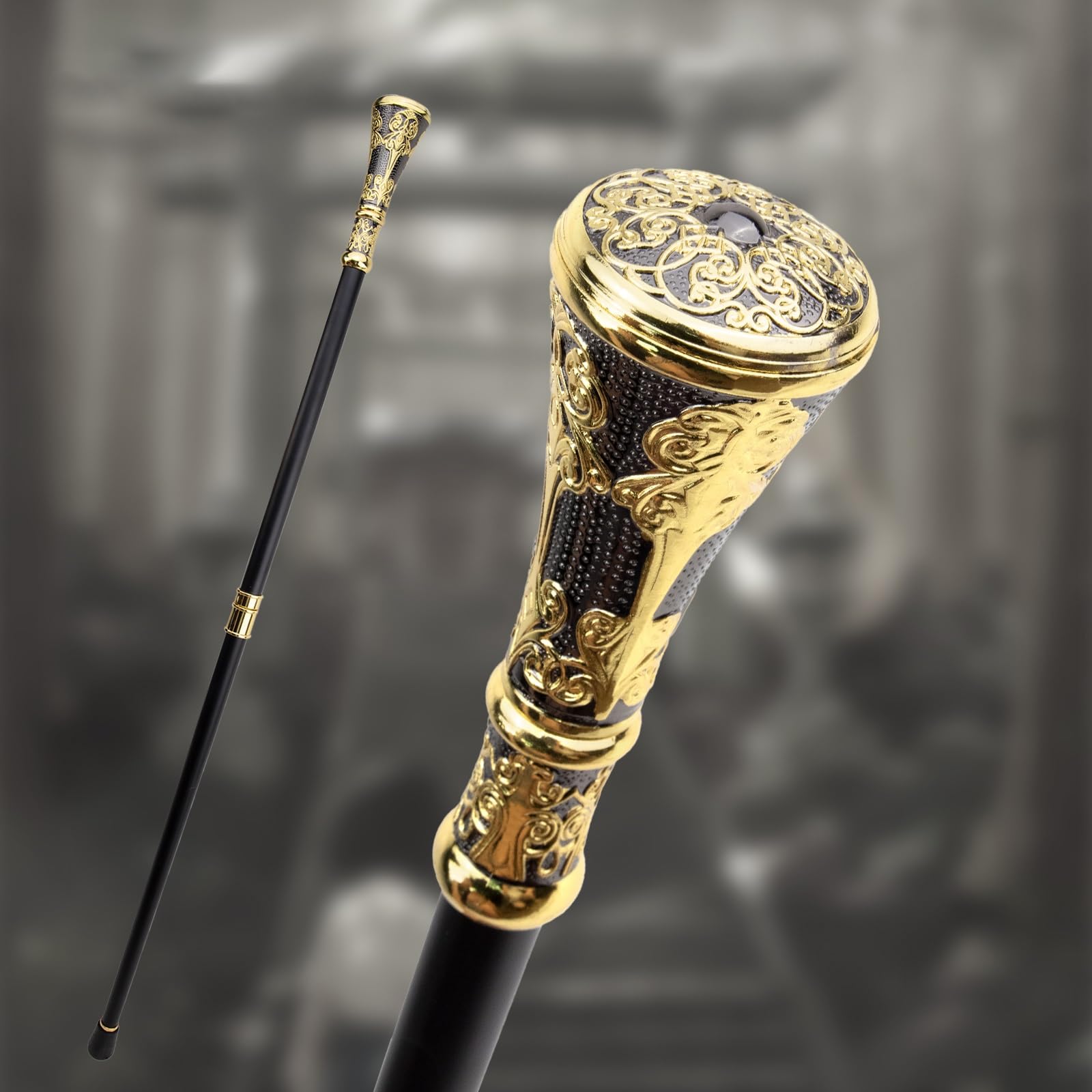 Bastón de Moda con Mango Redondo y Flor Negra Dorada de 36 Pulgadas, para Fiestas, Decorativo Elegante con Pomo