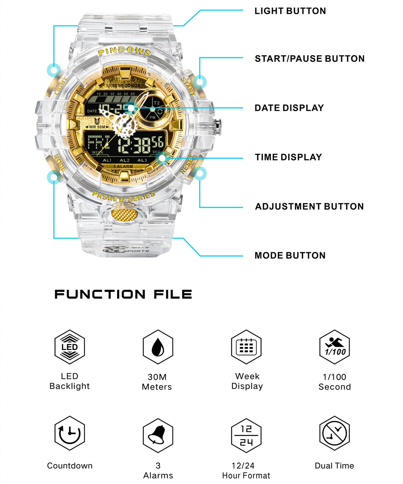 PINDOWS Orologio Uomo Orologio Digitale Uomo Analogico Digitale Orologio Sportivo Orologio Adolescente Orologio