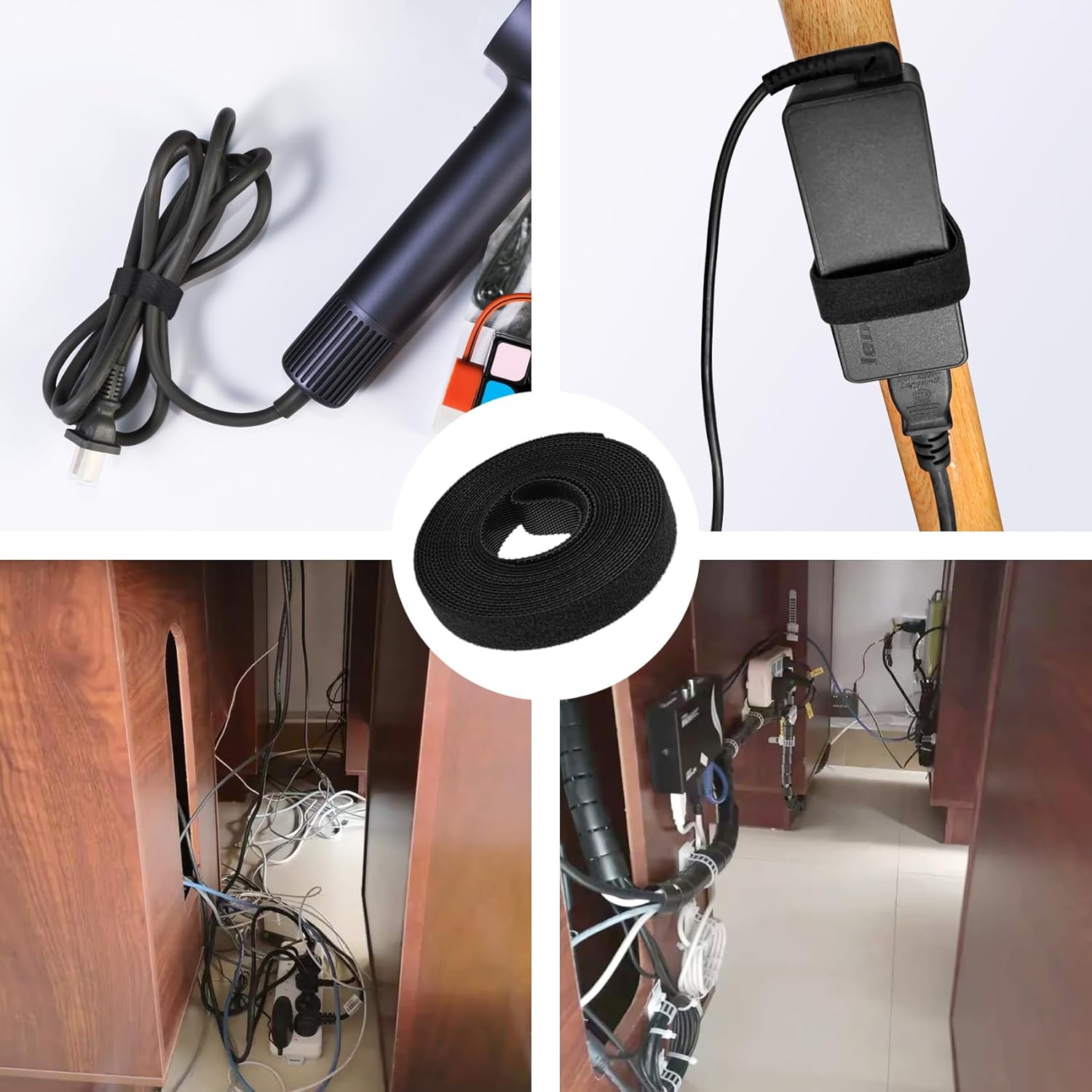 Double-Sided Hook and Loop Straps, 1/2 in x 30 ft Reusable Self-Gripping Straps, Hook and Loop Roll for Home Office (Black)