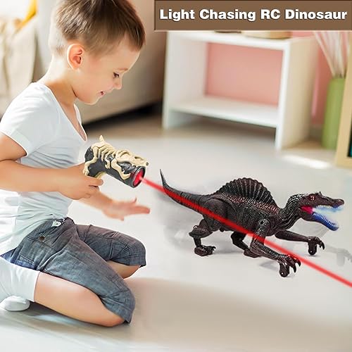 Miniatura 8 de Juguetes mejorados de control remoto de dinosaurios para niños de 3 a 10 años con función de rociado automático de persecución de luz indicadora,