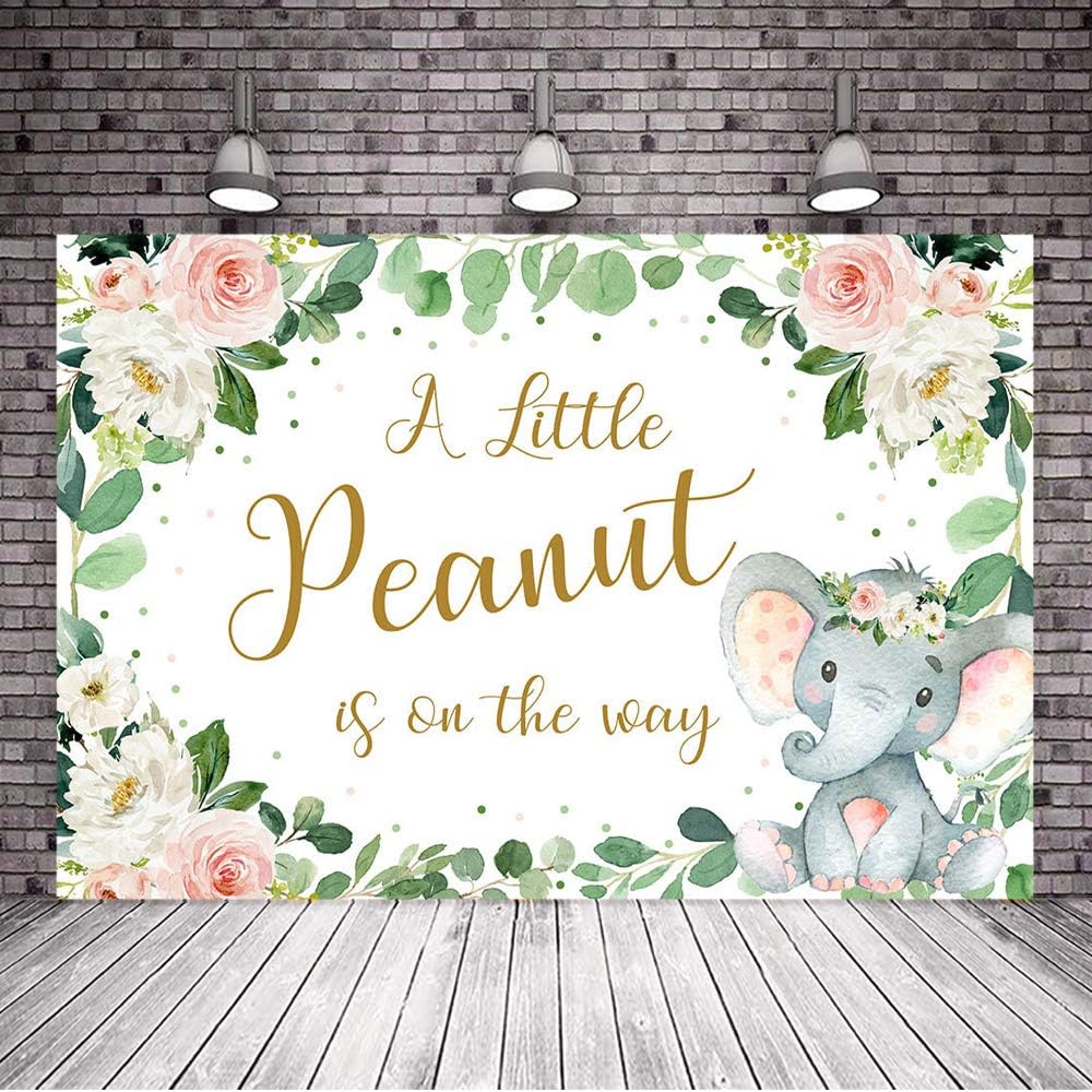 Mocsicka Elephant Baby Shower Backdrop Little Peanut Elephant Baby Shower Background 7x5ft Vinyl Pink Floral Elephant Backdrops for Baby Shower (7x5)