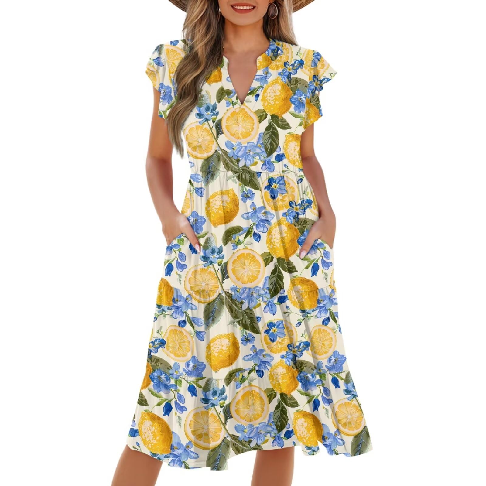 Womens Summer Dress Ruffle Sleeve V Neck Dress Casual Fit Flowy Beach Vacation Sundress with Pocket S-2XL