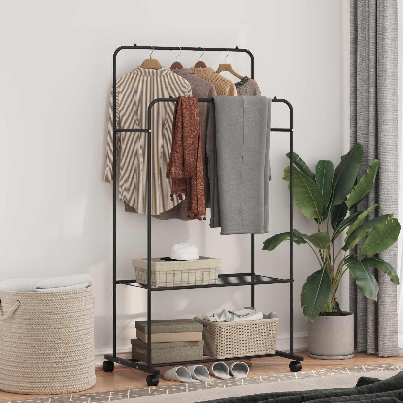 Kleiderständer mit Regal und Rollen Schwarz 80 x 53 x 156 cm Metall Garderobenständer mit Ablage für Flur Schlafzimmer und Ankleidezimmer platzsparend Organizer modern