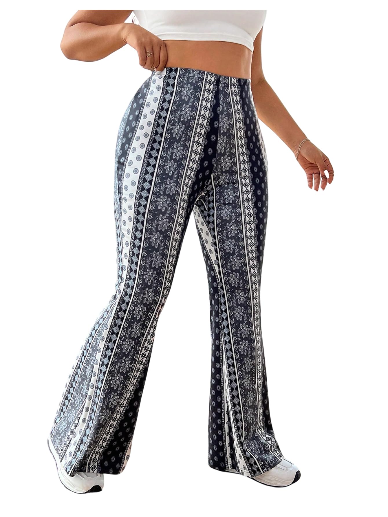 WDIRARA Womens Plus Size Boho Floral Flare Pants Elastic Waist Bell Bottom Trousers