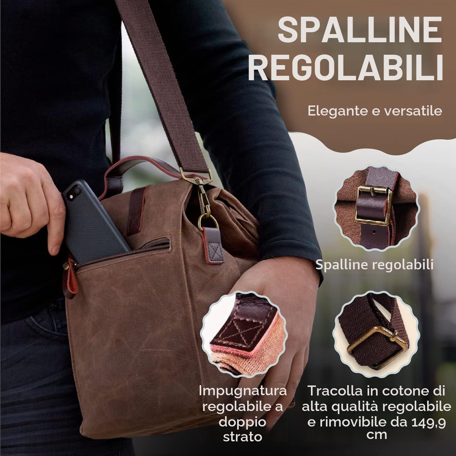 ASEBBO Borsa Termica in Tela, 10 L con Tracolla per Adulti | Tela cerata, Tracolla regolabile 150 cm, Doppi manici in pelle, Antiperdita, Isolamento oltre 4 ore, Marrone
