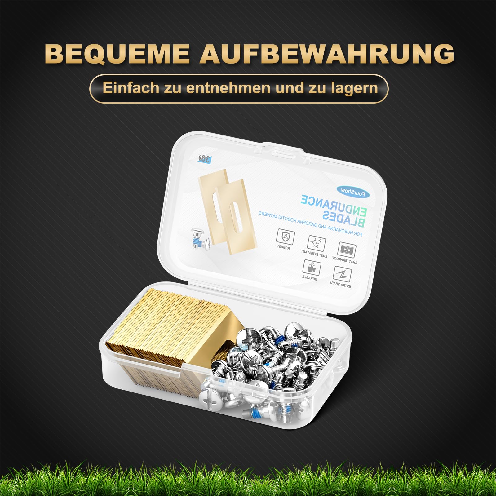 FourShow 36 Stück Endurance Klingen kompatibel mit Allen Husqvarna Rasenrobotern, langlebige Titan-Ersatzklingen, inklusive Schrauben mit Sicherheitsbeschichtung