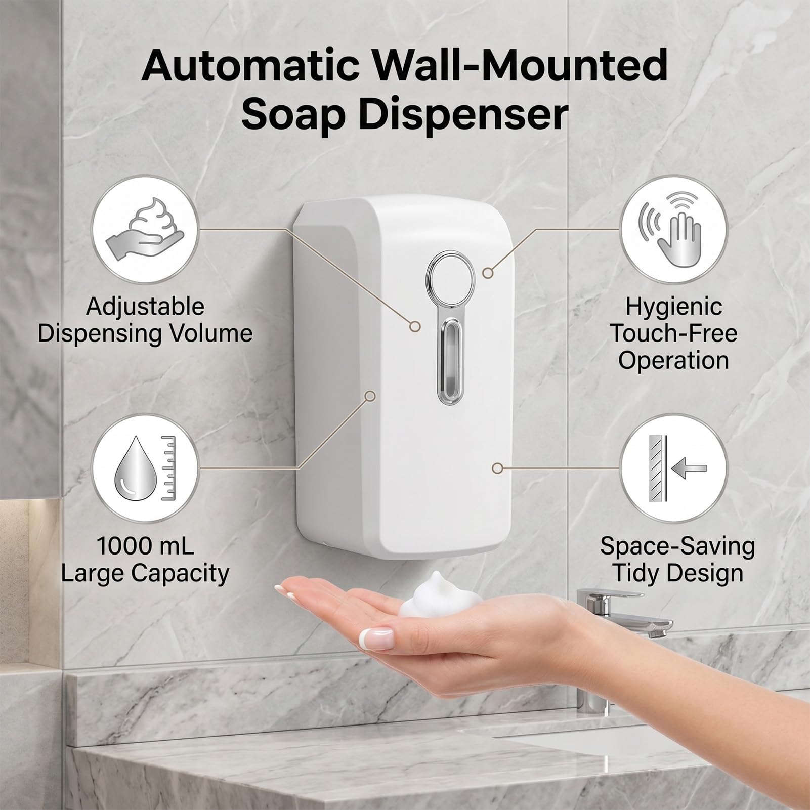 Topiky Automatischer Flüssigseifenspender, Berührungsloser Handseifenspender, 1000 Ml, Wandmontage, Intelligenter Seifenspender für Zuhause, Büro, Hotel, Küche, Badezimmer