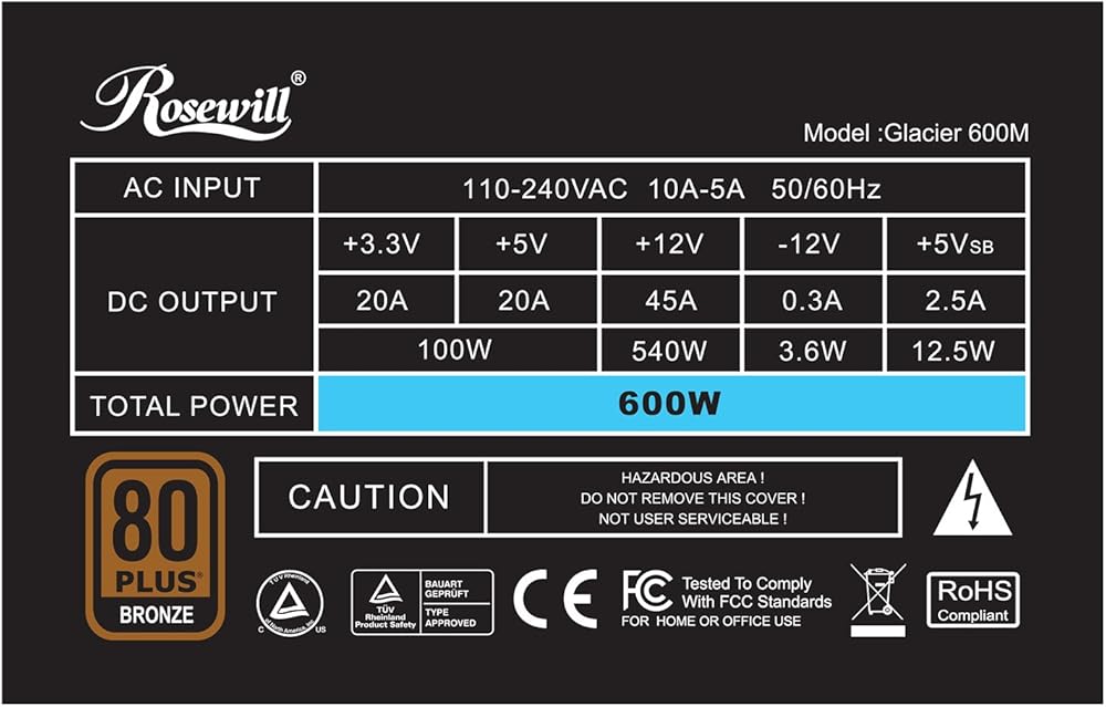 Rosewill Computer Modular Power Supply / PSU, GLACIER Series 600 Watt 80 PLUS Bronze Certified PSU with Silent 135mm Fan with Auto Fan Speed Control thumbnail 3