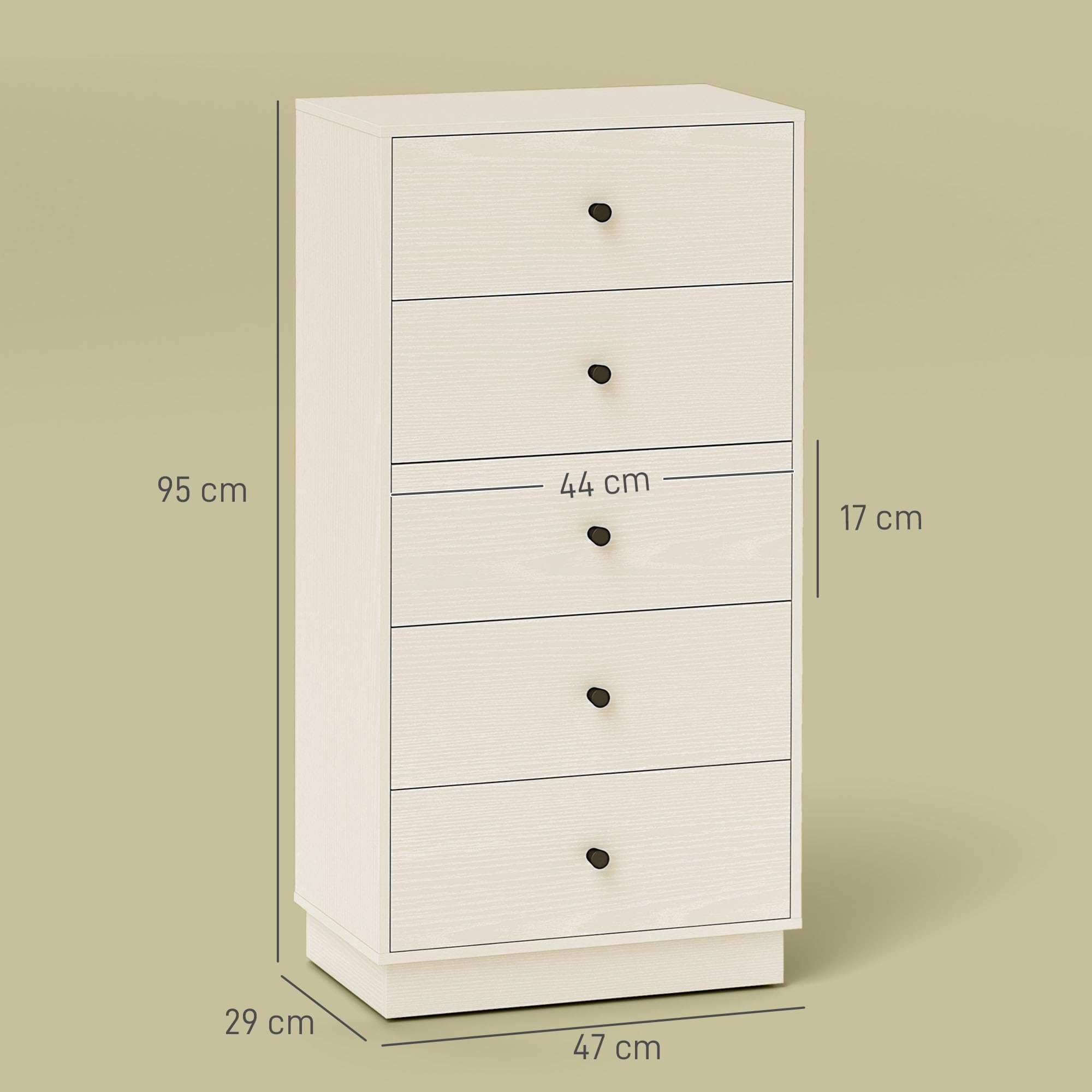 HOMCOM Cómoda con 5 Cajones Cómoda de Dormitorio Estrecha Estilo Moderna con Sistema Anti-vuelco Cajonera Alta para Pasillo Salón 47x29x95 cm Beige Veteado