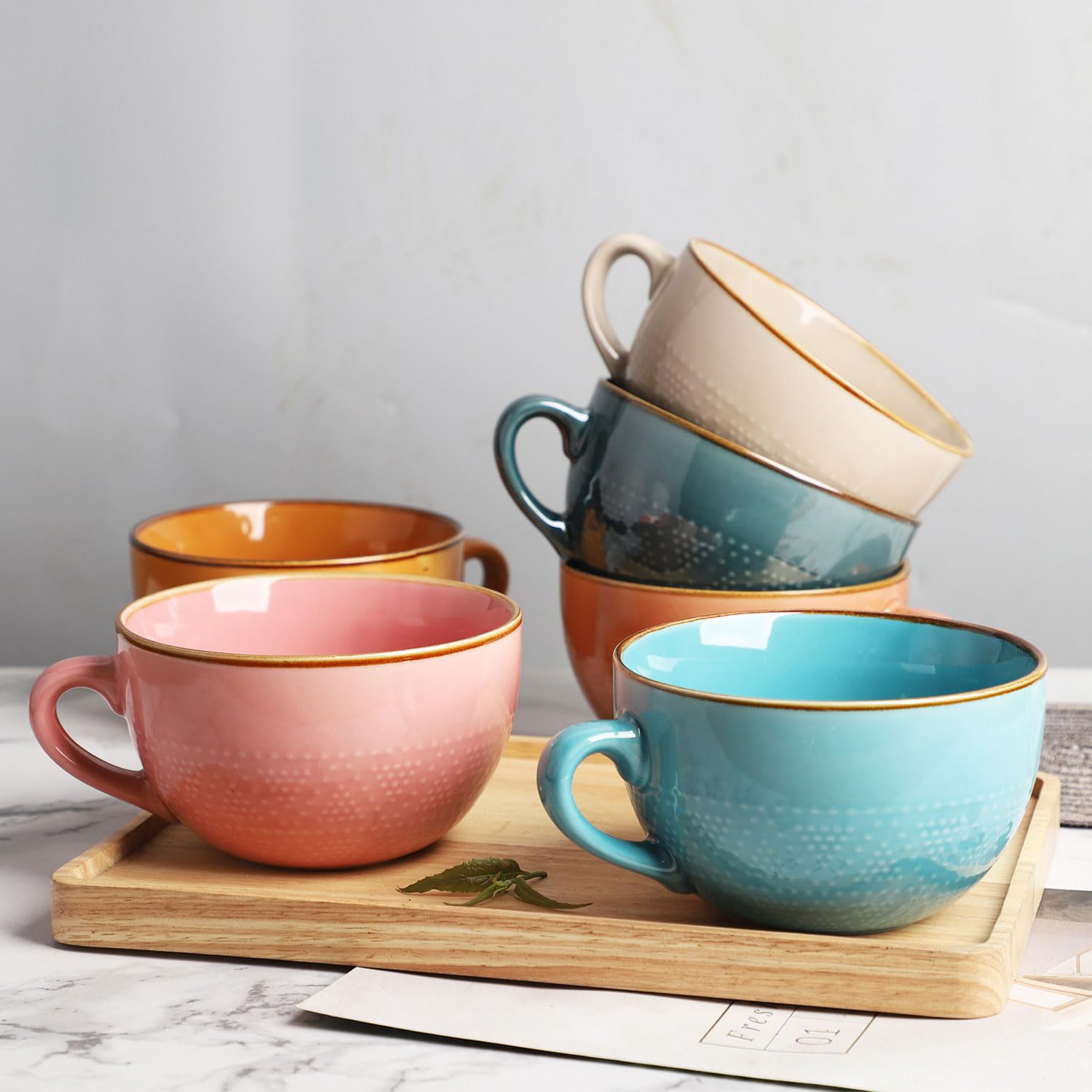 Tazza da caffè grande in ceramica da 700 ml, con sottobicchiere e cucchiaio, tazza da zuppa di cereali, tazza da caffè, insalatiera per caffè, tè, gelato, cereali (set da 4 pezzi)