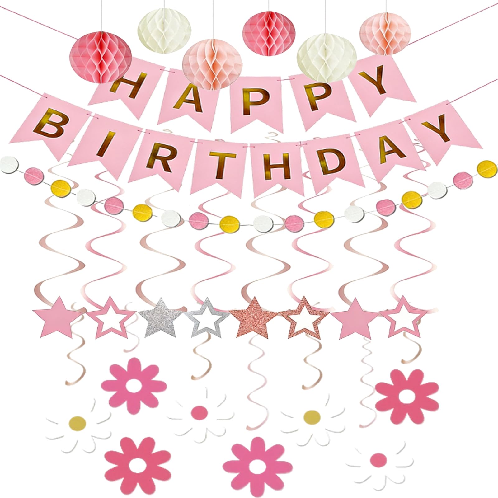 Birthday Decorations for Women Girls, Birthday Party Decorations Pink with Happy Birthday Banner, Honeycomb Ball, Star Hanging Swirl Streamer, Circle Dot Garland Decroations, Little Daisy Card.