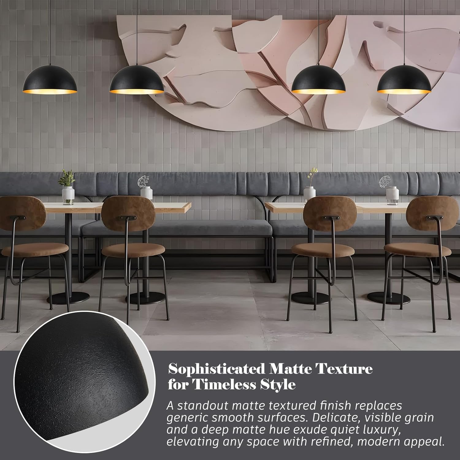 16 inch industrial pendant lighting for kitchen island, black and gold metal dome pendant light fixtures, hemispherical hanging ceiling light e26 base for reading dining room foyer cafe, 2 pack texture black 16"-2 pack