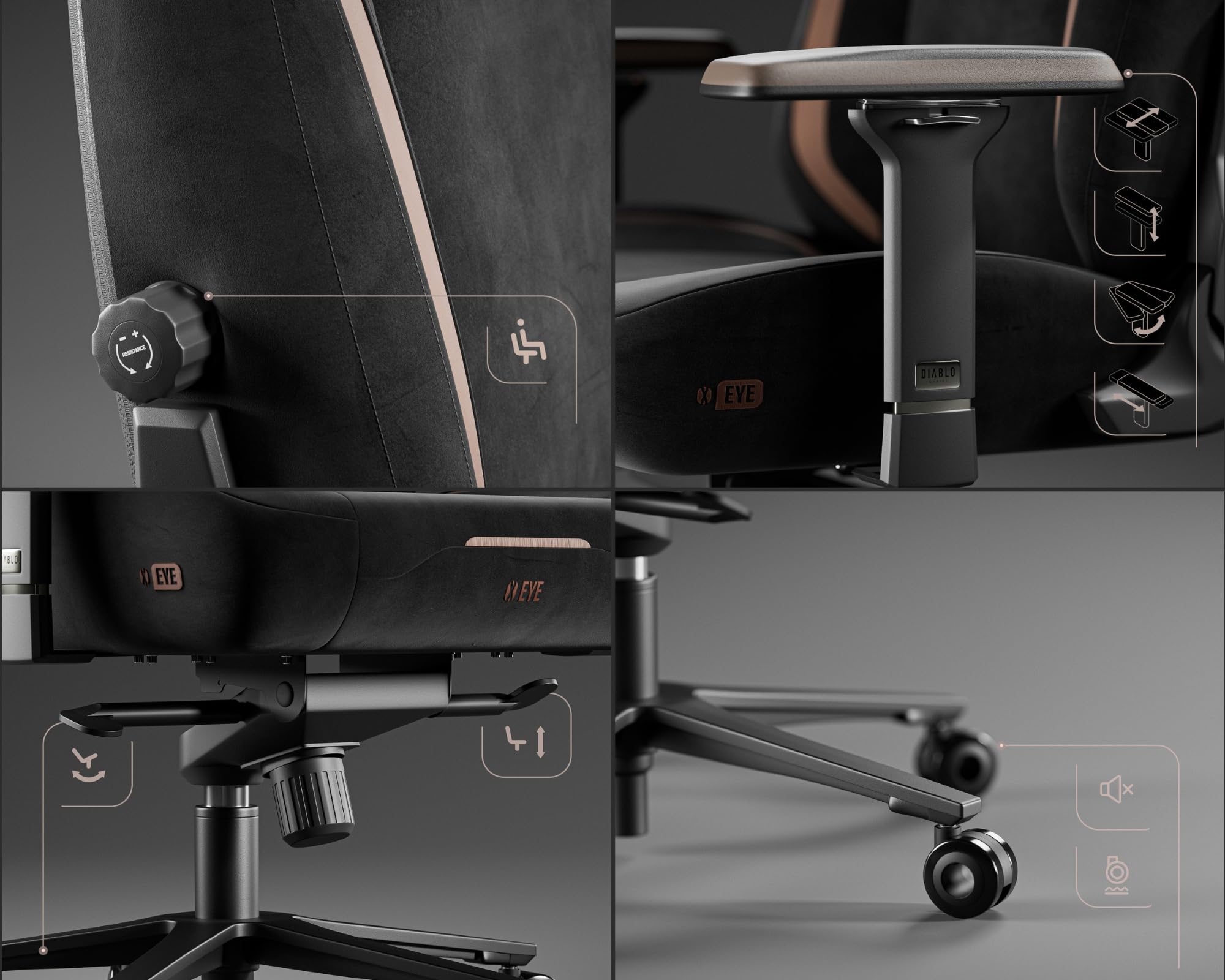 Diablo X-Eye 2.0 Ultra Black – czarny fotel gamingowy z tkaniny, ergonomiczny fotel do biurka z podparciem lędźwi, magnetycznym zagłówkiem i podłokietnikami 4D