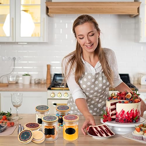 Miniatura 5 de Yaomiao Juego de 12 tapas para tarros de yogur, tapas reutilizables con patrón de mandala de bambú con anillos de sellado de silicona y 24 etiquetas